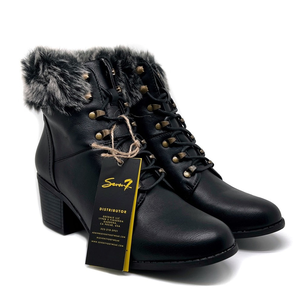 Seven7 Womens Migos Faux Leather Faux Fur Ankle Boots Block Heel Black Size 10